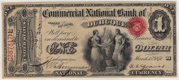 Dubuque, IA $1 Original Series: This is obviously a banker trophy from many generations ago. It has a trifold, which does nothing to take away from the serial #1 appeal.