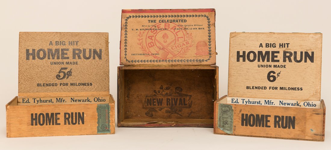 Lot of 3 Baseball Related Cigar Boxes: Group Lot of 3 Cigar Boxes: Home Run 5 Cents Cigars, Home Run 6 Cents Cigars, and New Rival Cigars. Size: (varies)