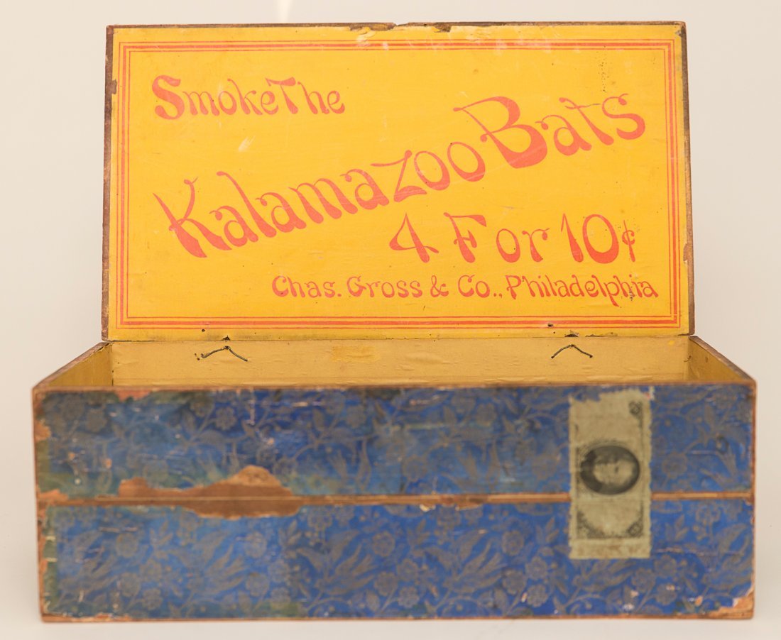 Kalamazoo Bats Tobacco Display Box: Large Store Display Box for Kalamazoo Bats Cigars, advertising 4 for 10 cents and manufactured by Chas. Gross & Co. of Philadelphia. This brand is most well known for producing maybe the rarest known 