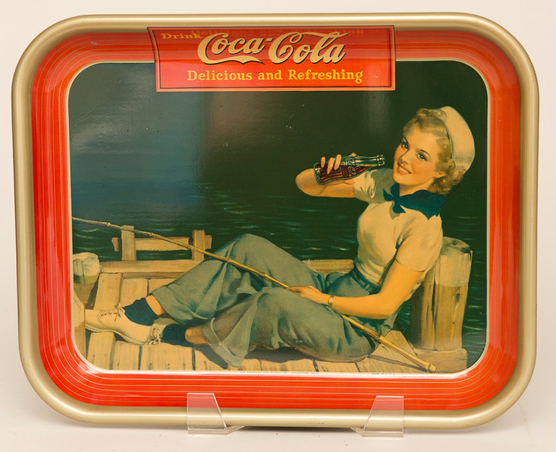 1940 Sailor Girl Coca-Cola Tray: 1940 Coca-Cola Sailor Girl advertising tray. Tray is in good condition with nice gloss but slightly faded colors. Size: 13" x 10.5"