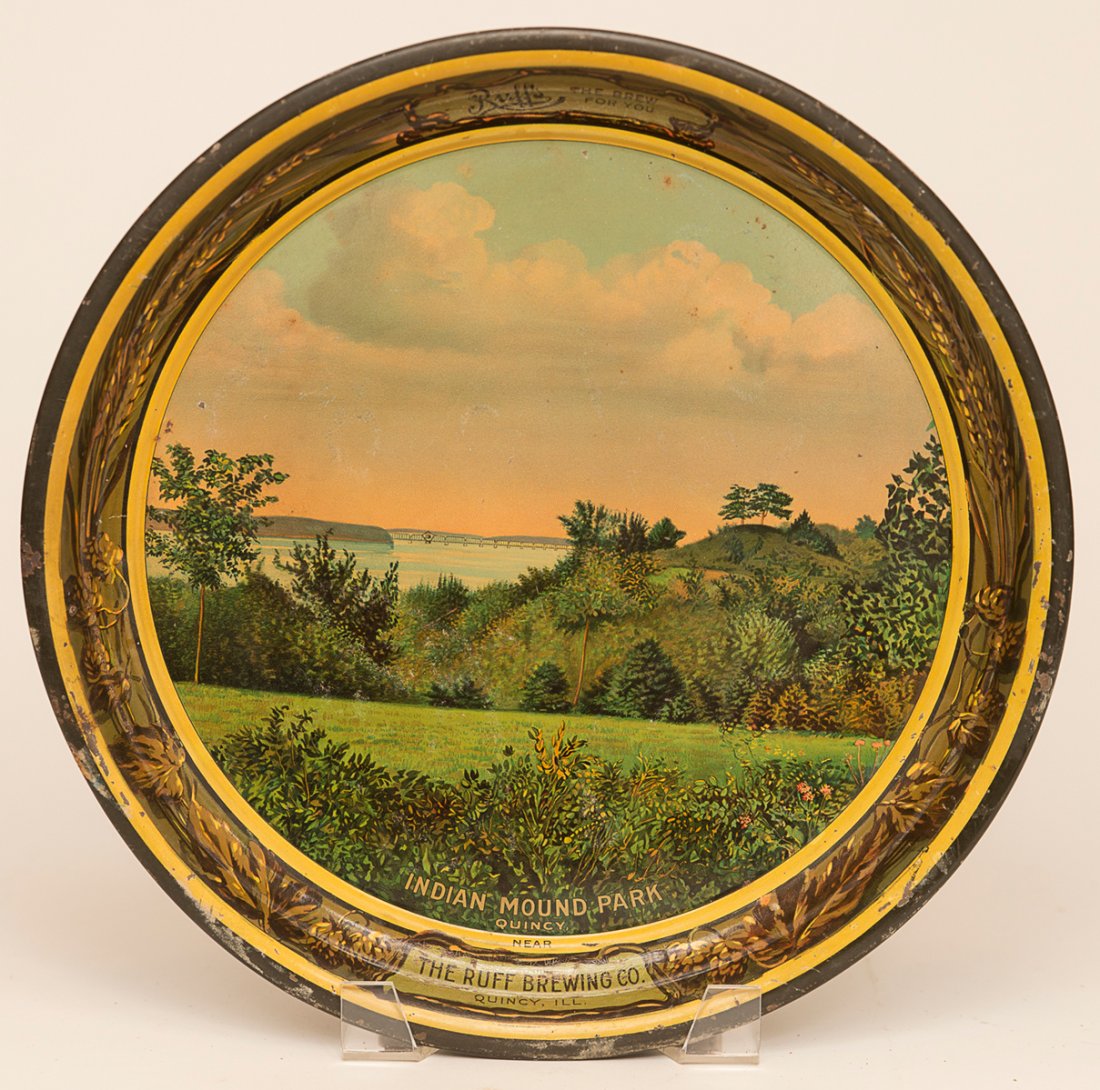 Ruff's Indian Mound Beer Tray: Pre-pro beer tray for the Ruff Brewing Company of Quincy, Illinois. The tray features a scene of the Indian Mound Park. This tray has minor edge nicks but the field is clean with nice colors. Size: 13