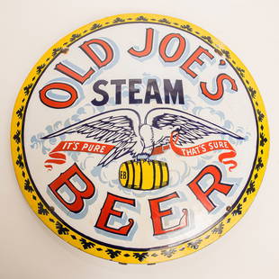 Old Joe's Steam Beer Sign: Single sided, curved porcelain sign with corner mounting bracket for Old Joe's Steam Beer with incredible image of eagle and with great colors and gloss. Sign has small chip at 10 and 2 o'clocks. Size