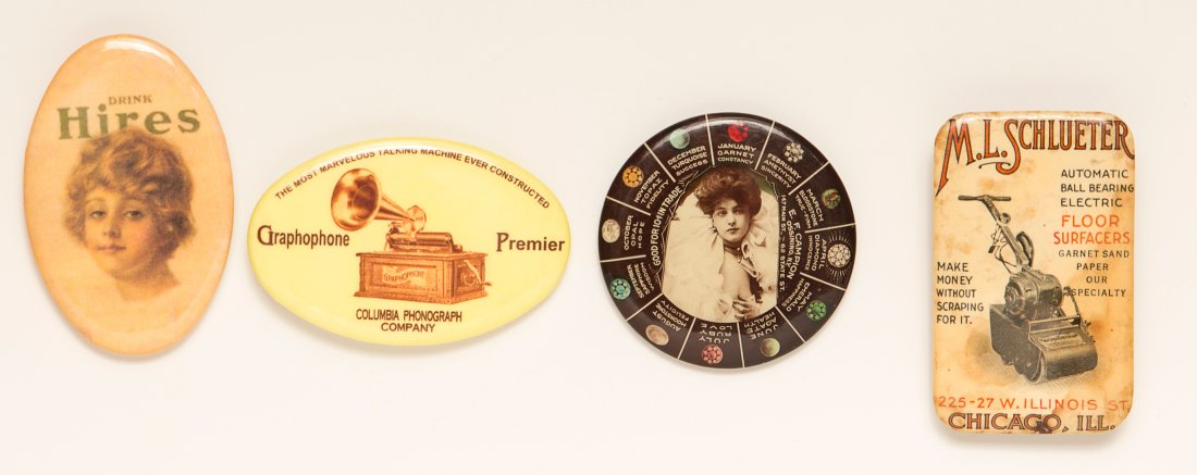 Lot of 4 Celluloid Pocket Mirrors: Lot of 4 Advertising Mirrors: Hires Root Beer Mirror ( 3.5" x 1.5" ), Graphophone Premier (Columbia PhonoGraph Company, 3.5" x 1.5" ), Birthstone Pocket Mirror ( Good for 10 cents in Trade with E.F. C