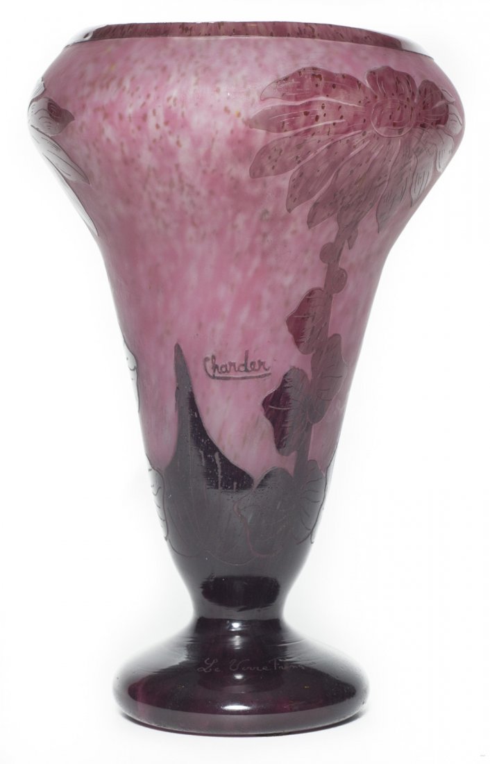 Charder Le Verre Francais Purple Dahlia Vase: Broad and beautiful Charles Schneider purple Dahlia vase. This is a scarce piece of art glass that is rarely offered for sale. 13 3/8 inches tall.