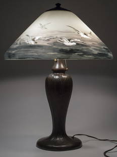 Handel Lamp with Seascape and Seagulls #6632: Pictures have a difficult time capturing the beauty of this lamp. The seagulls are absolutely stunning when the lamp is lit. Both the base and shade are marked with all the typical Handel markings. 18