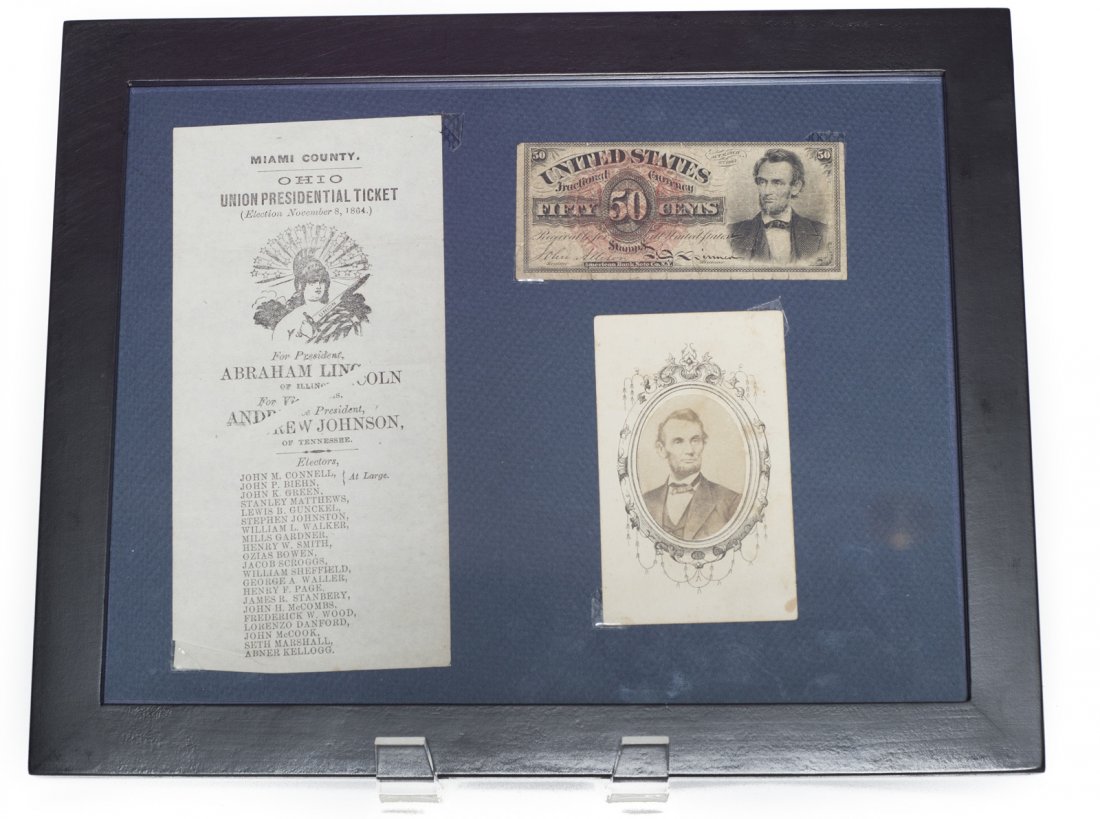 Civil War Related Framed Ephemera: This set is newly framed and ready to hang. The group consists of a 50 cent piece of Abraham Lincoln fractional currency, a Miami County Ohio Union Presidential Ticket, and what appears to be a contem