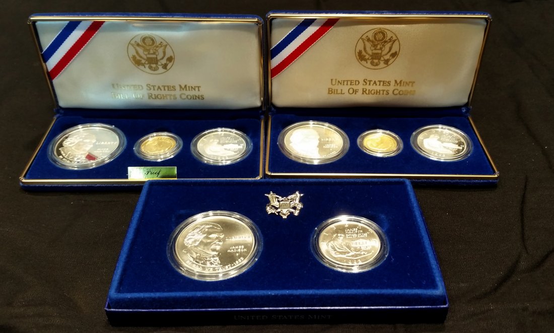 3 Sets of United States Mint Bill of Rights Coins: Three boxed sets of 1993 US Mint Commemorative Bill of Rights Gold and Silver Coins. Box 1 - 3 Coin Proof set includes certificate of authenticity. Set includes Gold Five Dollar Coin, Silver Dollar Co