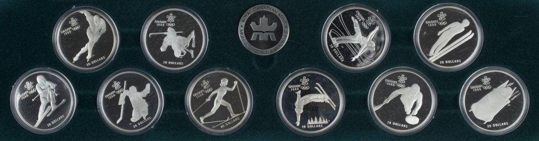 1988 Olympics Canadian Silver 20 Dollar Set: This lot includes 10 Canadian 20 Dollar Coins produced for the 1988 Calgary Olympics. Each coin is in proof condition and depicts a different olympic event including: skating, skiing, biathlon, hockey