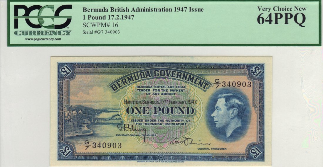 Bermuda 17th February 1947 1 Pound (P16): The second of a consecutive pair of King George VI one pound Bermuda notes. Just like its mate, this example has sharp corners and paper as pure and clean as you will ever see on this issue. Put the c