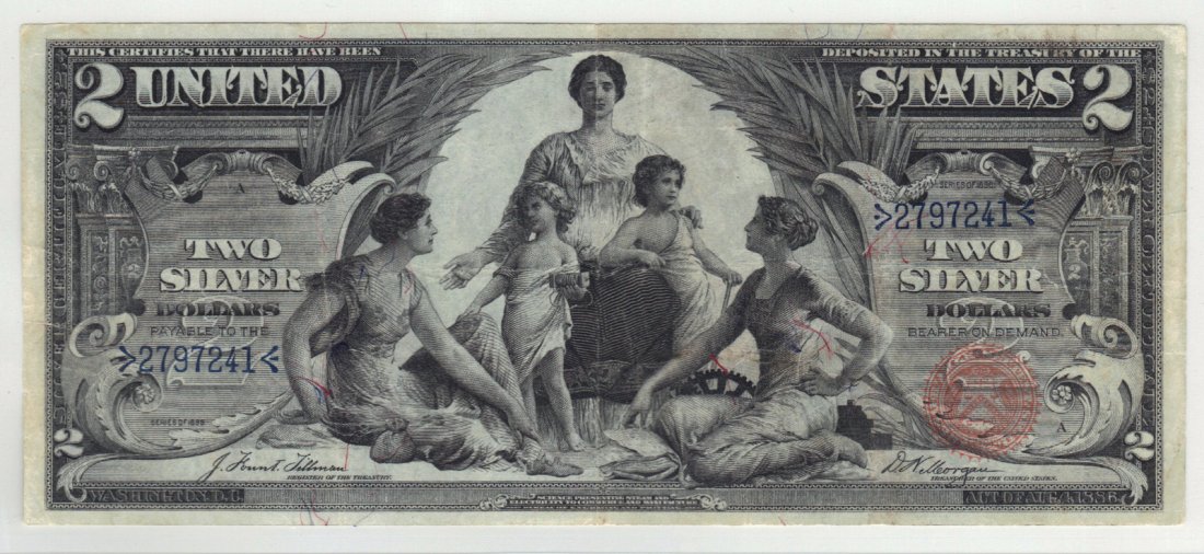 Fr. 247 1896 $2 Silver Certificate: The red seal is a touch light on this 1896 $2 educational. Other than that, we can find absolutely nothing negative to say about this specimen. The paper is thick, crispy, and can still easily hold a 