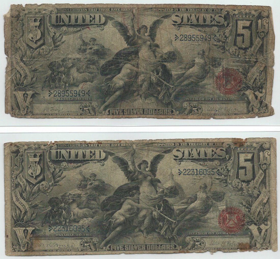 Fr. 269 & 270 1896 $5 Silver Certificates: This is an evenly matched pair of 1896 $5 silver certificates. Both are in the G/VG range. Please note the margins and both the front and back images. Buy one for yourself and one for trade. You are e