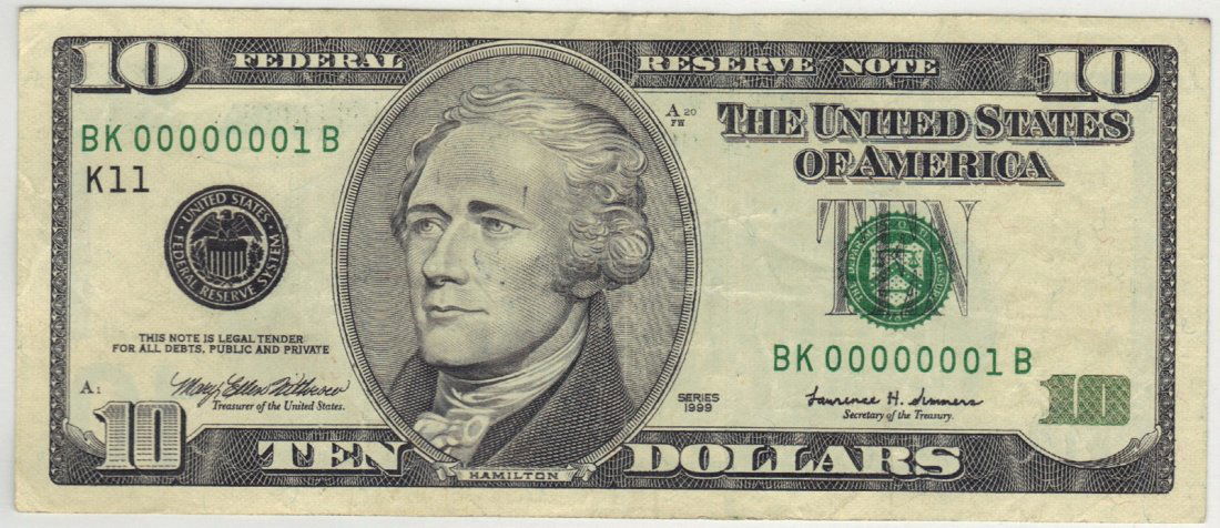 Fr. 2033-K 1999 $10 Serial #1 Federal Reserve Note: Serial number one ten dollar modern federal reserve notes are difficult items to locate. This design type was only used on 1999, 2001, and 2003. While this is a lightly circulated VF, it has a lot of