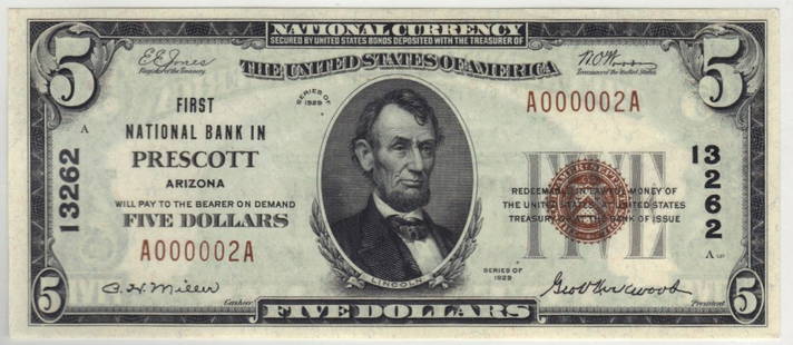 Prescott, AZ - Ch. 13262 - $5 1929 Type2: The First National Bank in Prescott, Arizona was open for just over four years. It only issued small size notes. The census stands at 14 notes total. Six of those notes are a sheet of #1s that is lock