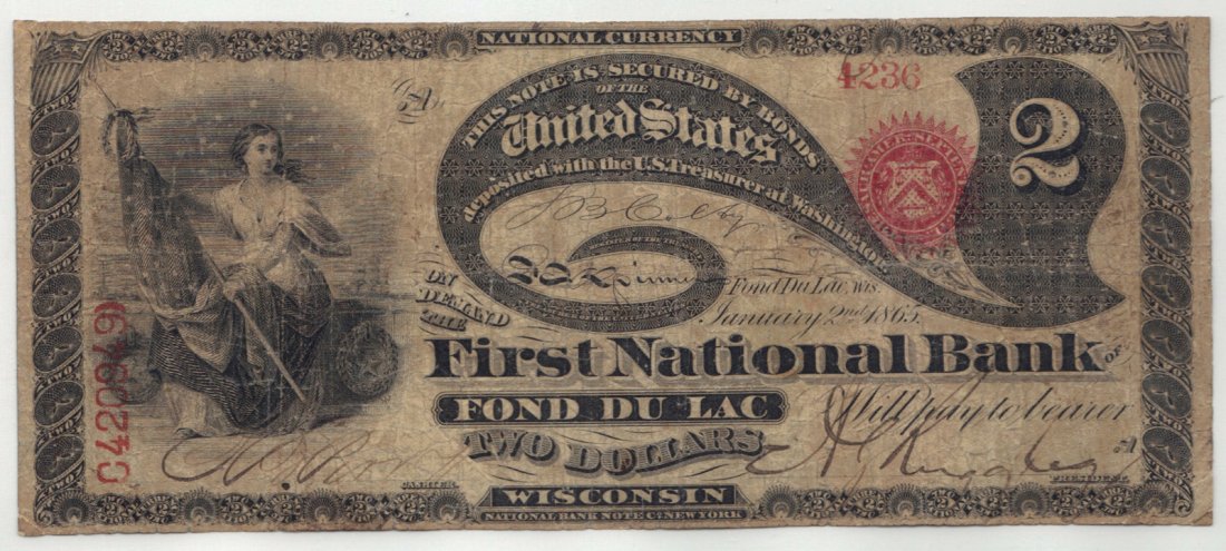 Fond Du Lac, WI - Ch. 555 - $2 Original Series Lazy: Exclusive of the hoard of La Crosse notes, this discovery from Fond Du Lac becomes just the twelfth lazy deuce known to exist from Wisconsin. This also happens to be the first lazy deuce documented fr
