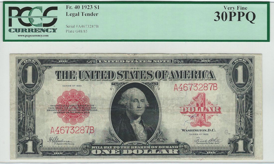 Fr. 40 - 1923 $1 Legal Tender: Bright, white paper, a bold red overprint, and four nice margins add to the appeal of this moderately circulated example of this popular Legal Ace that would be ideal for a mid-grade type set.