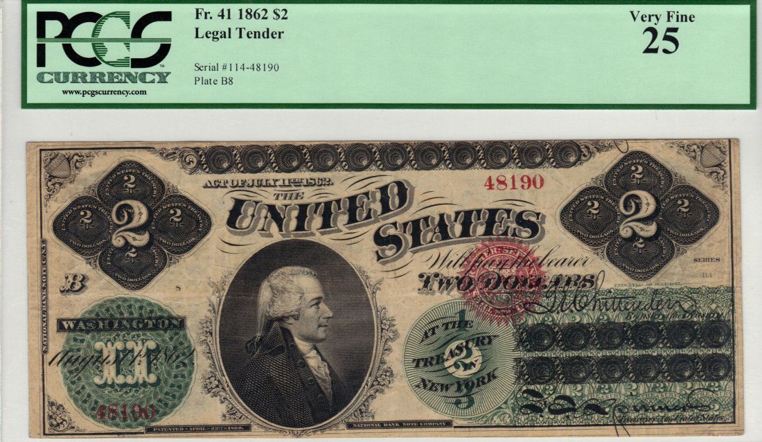 Fr. 41 - 1862 $2 Legal Tender: A pleasing mid-grade example of this early Legal Deuce that has managed to avoid the usual problems found on these notes printed on thin paper. Ideal ink colors and even wear are the hallmarks of this