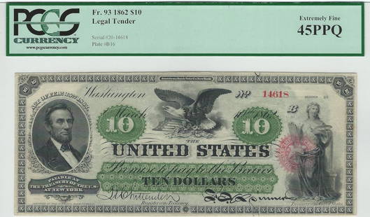 Fr. 93c - 1862 $10 Legal Tender: This is actually the scarcer 93c, not a 93 as listed on the third party holder. We owe the survival of this peach to a small run of XF to UNC notes that got tucked away, but have long since been dispe