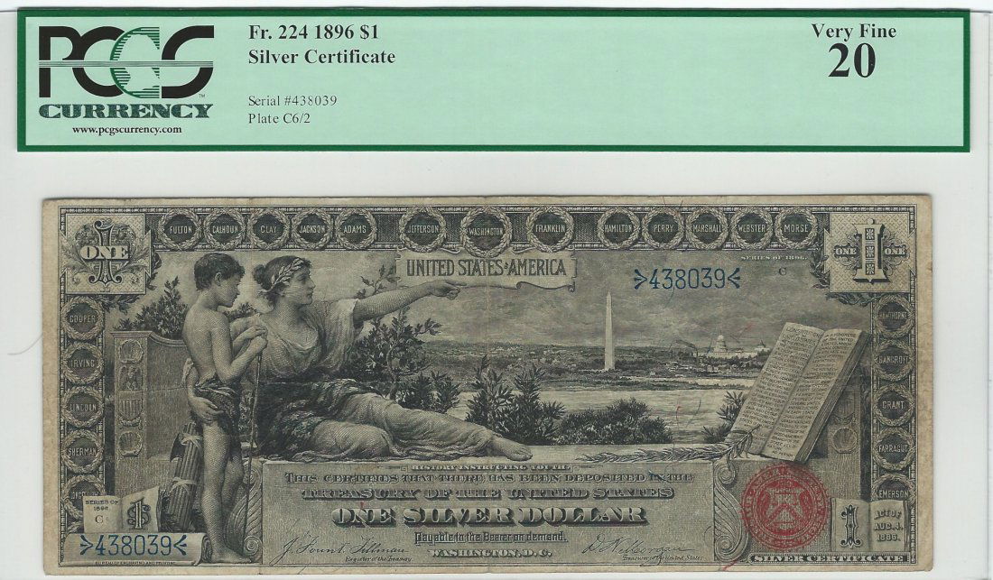 Fr. 224 - 1896 $1 Silver Certificate: An evenly circulated and problem free example of this always popular type note that has four ample margins and very nice color. It would be an ideal candidate for a mid-grade type set.