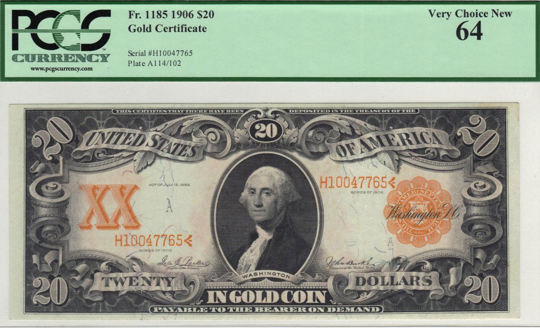 Fr. 1185 - 1906 $20 Gold Certificate: This is a note with a lot of upside. The margins are better than average for the series. The colors are vibrant and the originality is clearly evident even with just a cursory glance. A light bit of t