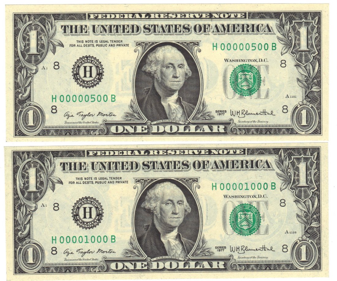 Fr. 1909-H - 1977 $1 Federal Reserve Note St. Louis: This is a neat pair of low fancy serial numbers. One is serial number 500 the other is number 1000. They are both from the St. Louis district. This would be a neat addition to $500 and $1000 note coll