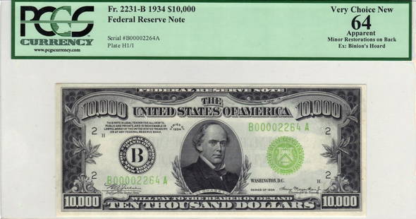 Fr. 2231-B - 1934 $10,000 Federal Reserve Note New York: This is the highest denomination of United States currency that was ever legal to own by the American public. This particular note comes from the famous Binion's Horse Shoe One Million Dollar display