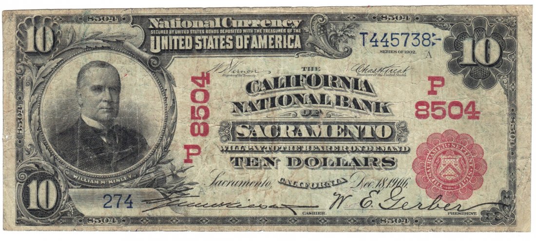 Sacramento, CA - Ch. 8504 - 1902 $10 Red Seal: This is a nice state capital red seal for California. The note has a small margin split on the left, but overall this is a pleasing note. It is a new addition to the census and would fit nicely in any