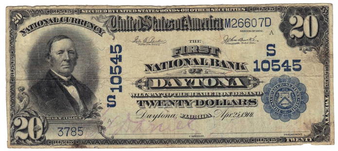 Daytona, FL - Ch. 10545 - 1902 $20 Plain Back: The town of Daytona had a single national bank. It was open from 1914 until 1923. In 1926 the towns of Daytona, Daytona Beach, Kingston, and Seabreeze all merged together to become Daytona Beach. So i