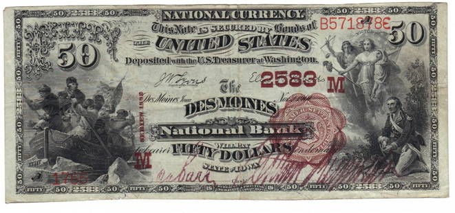 Des Moines, IA - Ch. 2583 - 1882 $50 Brown Back: You might be inclined to group this as a type note at a glance, but don't make that mistake. There is only one other $50 brown back known to exist from Des Moines. Des Moines is of course Iowa's capit