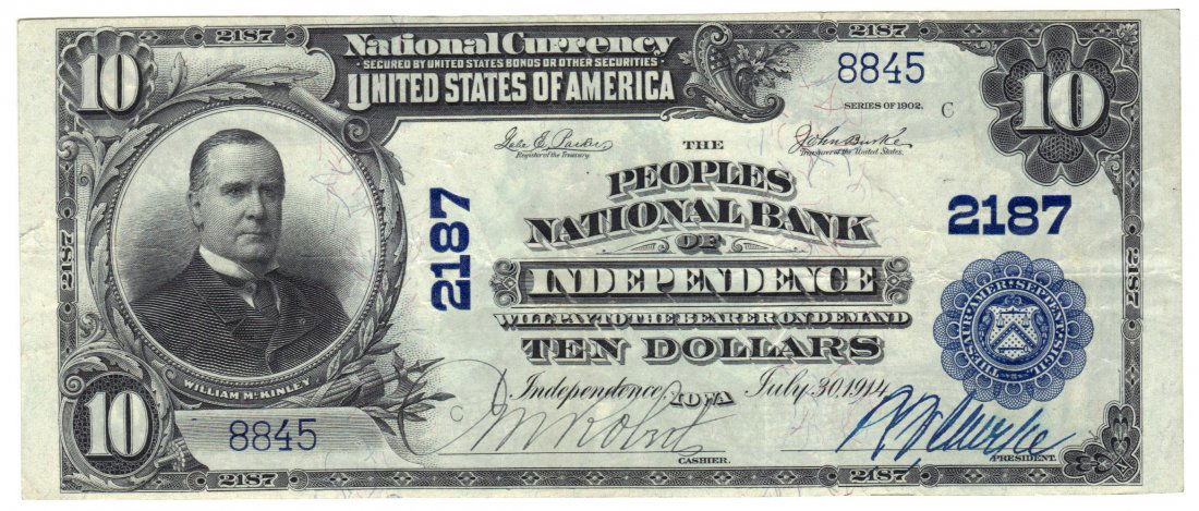 Independence, IA - Ch. 2187 - 1902 $10 Plain Back: Most of the beautiful national bank notes we are auctioning today will sell for thousands of dollars or more. If you want something with all of the same qualities, with the exception of being a great
