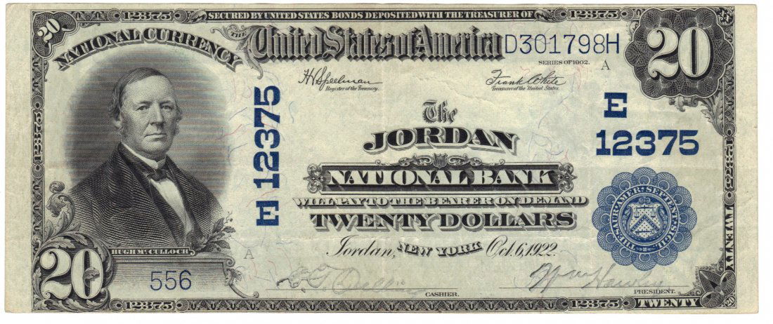 Jordan, NY - Ch. 12375 - 1902 $20 Plain Back: Here is a great first or last name town. Jordan, NY had just one national bank. It issued blue seals and small notes only. This new addition becomes just the tenth large note for the charter. For the