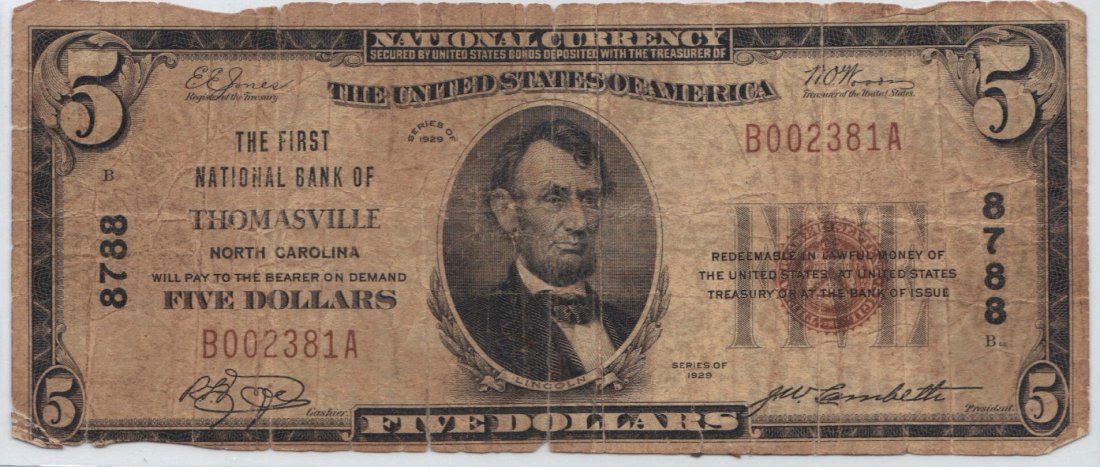 Thomasville, NC - Ch. 8788 - 1929 $5 Type1: This isn't the prettiest or the scarcest note in the auction. But I am sure we have a collector from the Tar Heel state who should be able to appreciate this small size note from the heart of North Ca