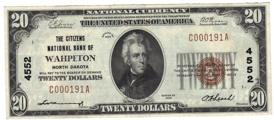 Wahpeton, ND - Ch. 4552 - 1929 $20 Type1: This is a choice VF small size note from The Citizens National Bank of Wahpeton. Take note of the unusual cashier signature.