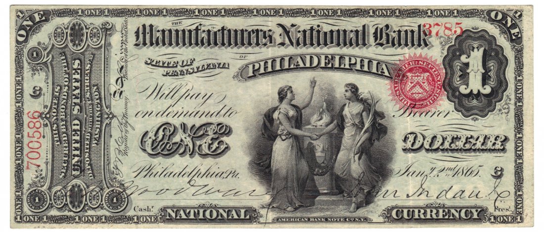 Philadelphia, PA - Ch. 557 - Original Series $1 FCP: This Philly ace just about jumps out of the holder it is so fresh. I have never before noticed such contrast between dark black inks, white paper, and red seals. This is by no means a common note eith
