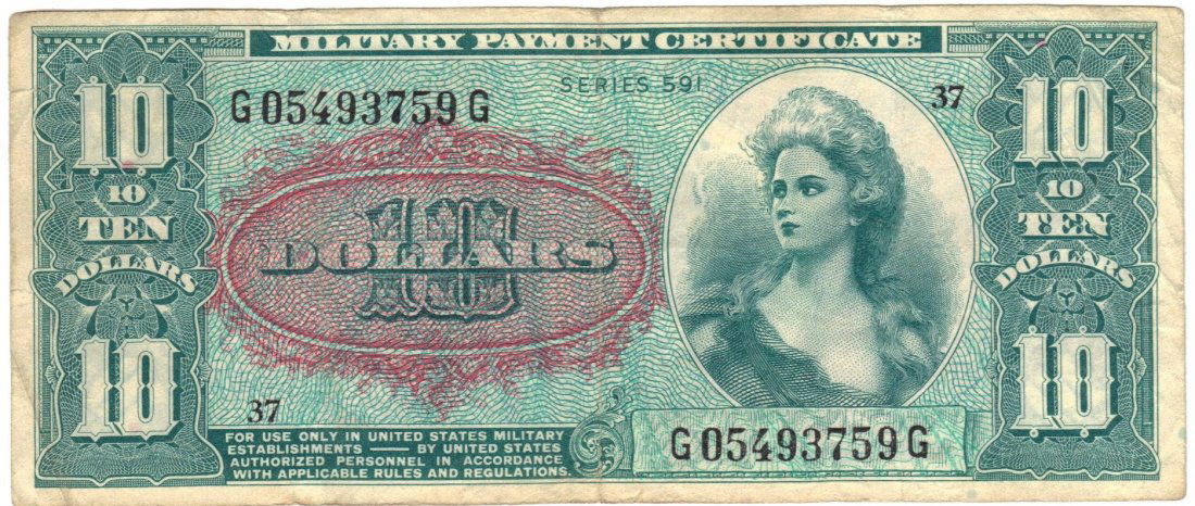 Series 591 $10 Military Payment Certificate: MPCs were devalued after a certain date. You can guess that $10 went a long way on a military base in the 1960s. That is why high denominations like this are fairly scarce. Everyone knew to redeem the