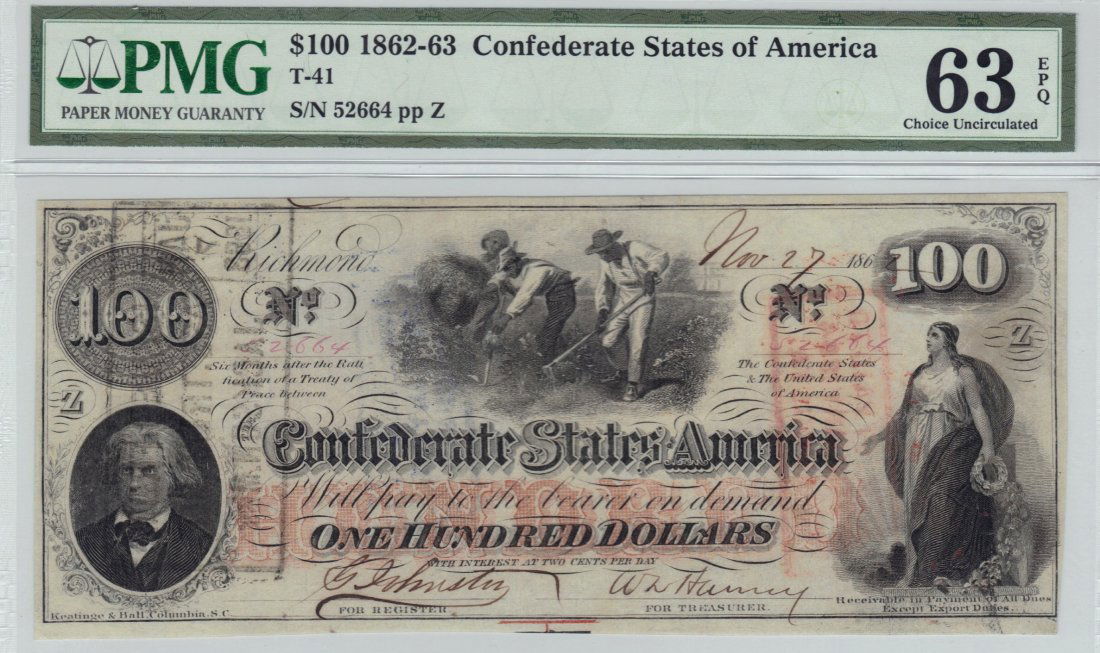 T41 1862 $100 Confederate: A high grade example of the well known Hoer note that is fully framed with nice color and signatures. This note was issued at Jackson, Mississippi and bears two interest paid stamps from Augusta.
