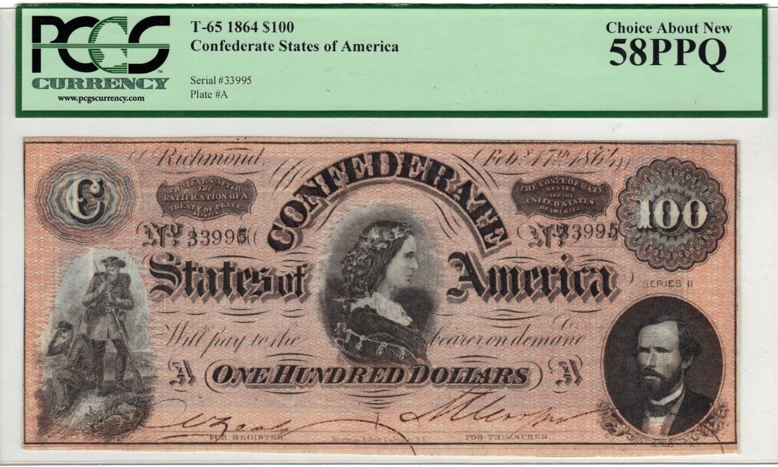 T65 February 17th, 1864 $100 Confederate: A sharply inked Series II Lucy Pickens $100 that appears new in its third party holder, it exhibits excellent color and original surfaces.