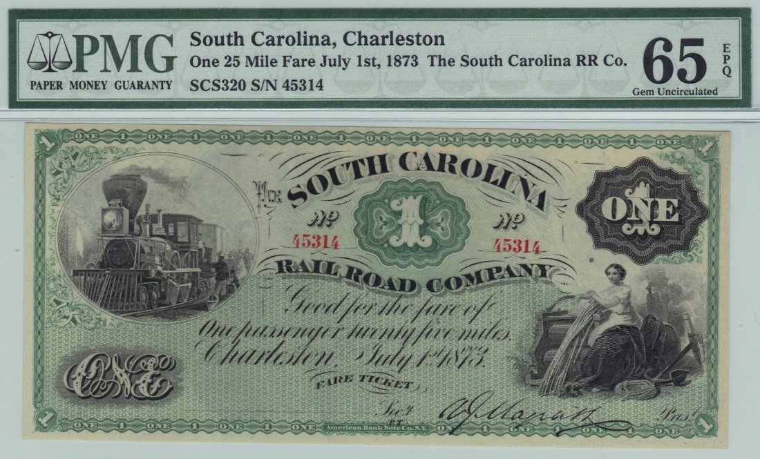 $1 July 1st 1873 South Carolina Railroad Company: The South Carolina Rail Road Company, Charleston, SC $1 July 1, 1873 A most attractive example of this rail road "ticket" that would entitle a passenger to ride 25 miles on the rail road.