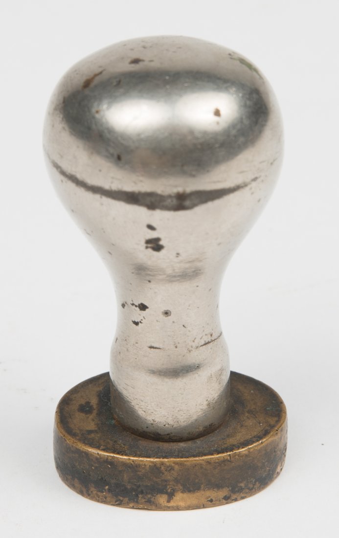 American Express Co. Wax Sealer - San Jon, NM: Oval brass wax sealer with nickel plated bulbous handle for the American Express Company, San Jon, New Mexico. Handle has wear to nickel finish around the top. Size: 2-1/2" tall
