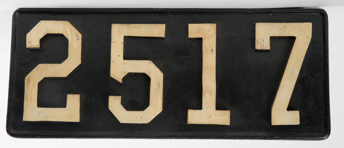 IC Number Plate #2517 - 4-8-2 Mountain Type: Locomotive Number Plate #2517 from an Illinois Central Railroad 4-8-2 Mountain Type Locomotive. This locomotive was built at the Illinois Central's Paducah shops and was a rebuild from a 2-10-2 boiler