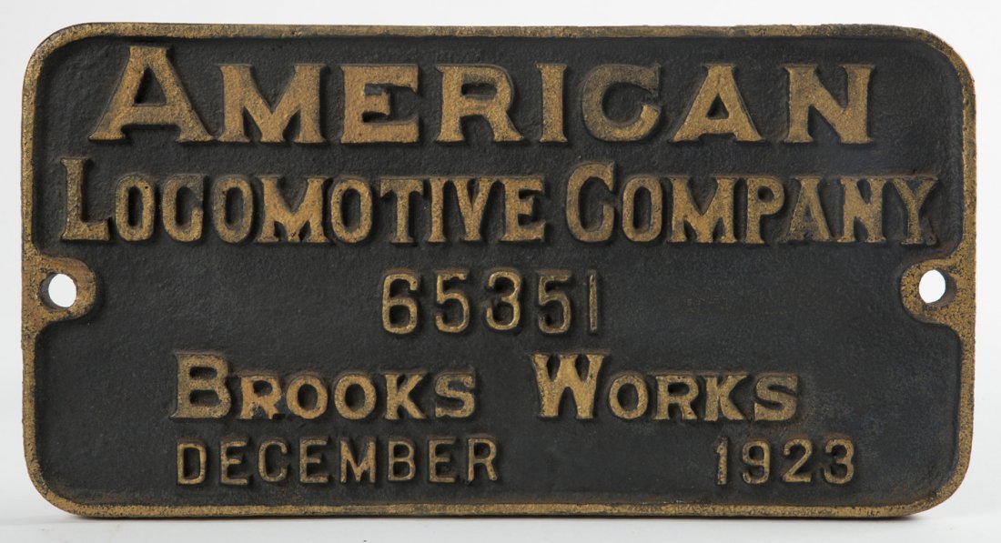 MSC #30 ALCO Builder's Plate #65351 - #2: This is the second of a pair of American Locomotive Company Brooks Works Builder's Plates Serial #65351 from Mississippi Central #30, a 2-8-2 steam locomotive, dated 1923. This plate has rust and scal