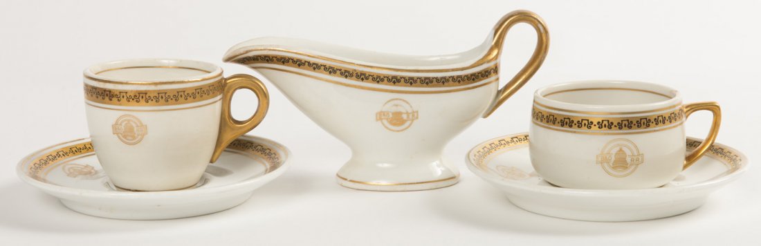 B&O Railroad Capitol Pattern China Set: Five piece set of Baltimore and Ohio Railroad Capitol Pattern China including the following pieces Coffee Cup & Saucer ( cup 2.5" x 2.25", saucer 5" dia. ), Coffee Cup & Saucer (cup 2.75" x 1.75", sau