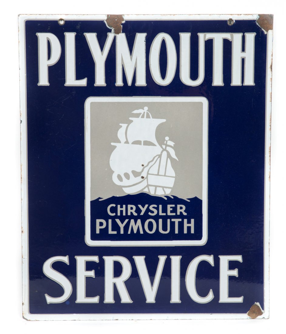 Chrysler Plymouth Service Porcelain Sign: Double Sided porcelain sign for Chrysler Plymouth Dealer Service, sign features a great Pilgrim style sailing ship with cool color scheme. Sign still has great gloss with chips at edges and a few scuf