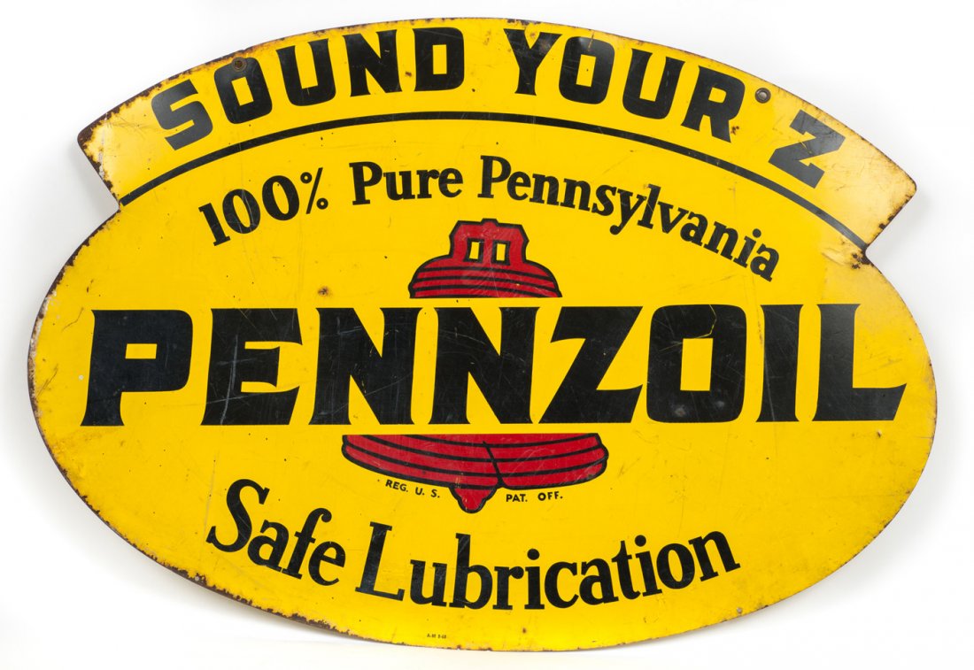 Pennzoil "Sound Your Z" Die Cut Sign: Die Cut Double Sided Hanging Sign for Pennzoil with "Sound Your Z" on top. Sign is marked AM-8-68 and has wear around edges and scratches on both sides. Size: 31" x 22"