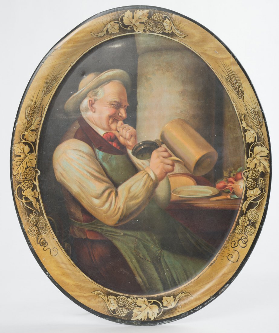 H.D. Beach Stock Advertising Beer Tray Drinking Man: Pre-Prohibition stock advertising tray by the H.D. Beach Co. of Coshocton, Ohio. Tray is marked No. 2 by the maker's mark and shows a jolly man looking into a beer stein. Tray has a picture hanger mou