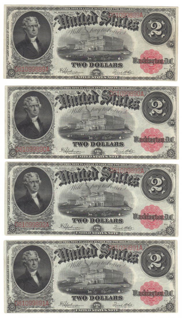 Fr. 60 - 1917 $2 Legal Tenders, 4 Consecutive (1 of 2)