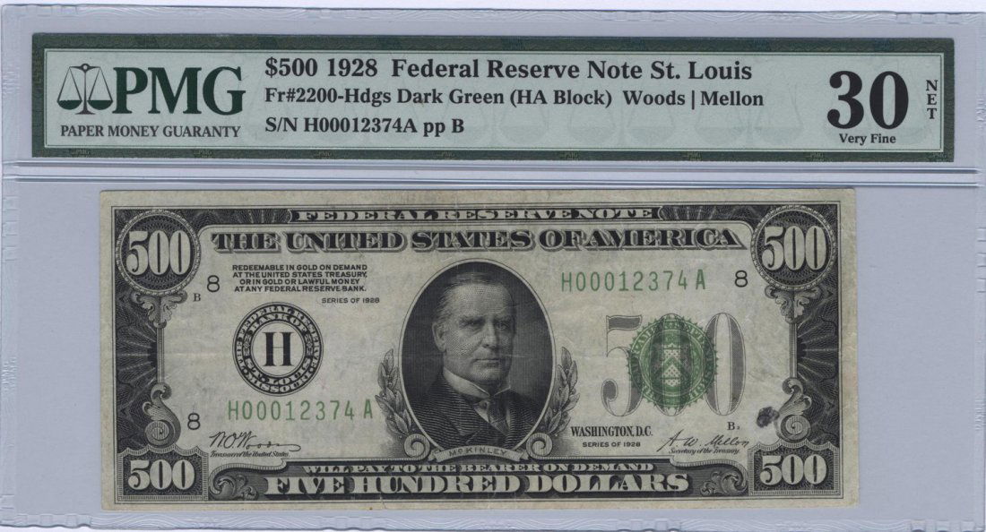 Fr. 2200-H - 1928 $500 FRN: This is a scarce St. Louis $500. The STL district actually had the second lowest printing for the 1928 $500 series. This note has a great look, but it does have a touch of stray ink and a small bottom