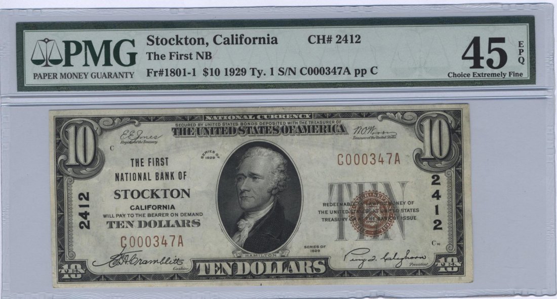 Stockton, CA - Ch. 2412 - 1929 $10 Type1 (1 of 2)