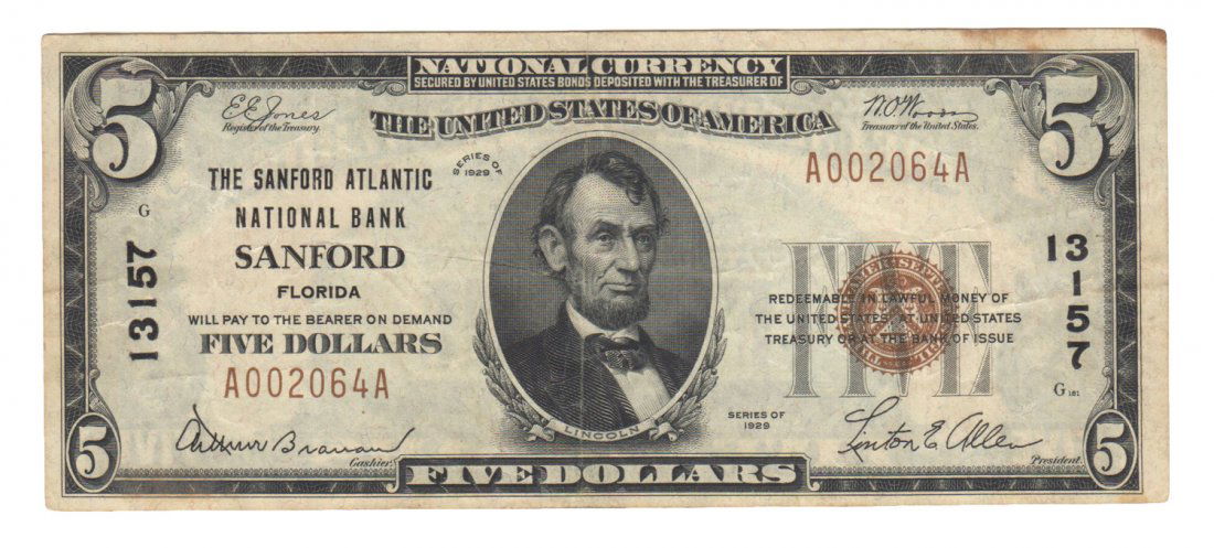 Sanford, FL - Ch. 13157 - 1929 $5 Type1 (1 of 2)