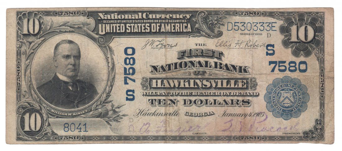 Hawkinsville, GA - Ch. 7580 - 1902 $10 Blue Seal (1 of 2)