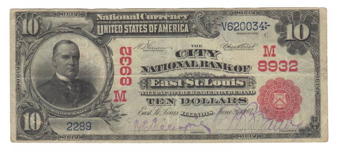 East St. Louis, IL - Ch. 8932 - $10 Red Seal: The City National Bank of East Saint Louis was open for business in the sixteen months between October 1907 and January 1909. During that time it only issued 1902 red seals. Before the addition of